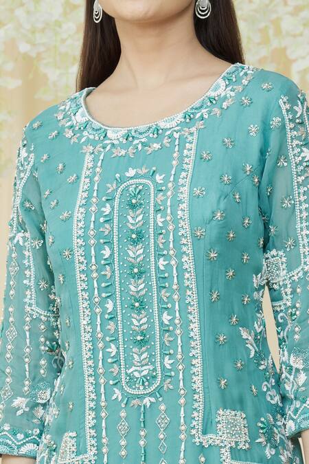 Buy_Samyukta Singhania_Green Georgette, Viscose Pearls, Sequins, Crystals Geometric Kurta Sharara Set _Online_at_Aza_Fashions