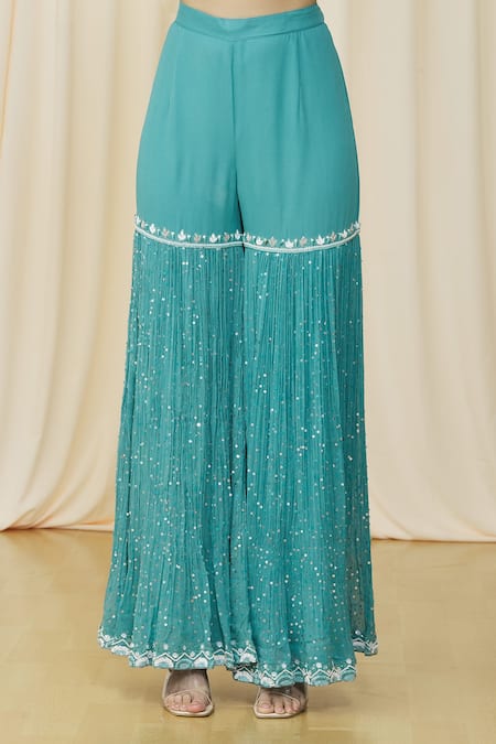 Shop_Samyukta Singhania_Green Georgette, Viscose Pearls, Sequins, Crystals Geometric Kurta Sharara Set _Online_at_Aza_Fashions