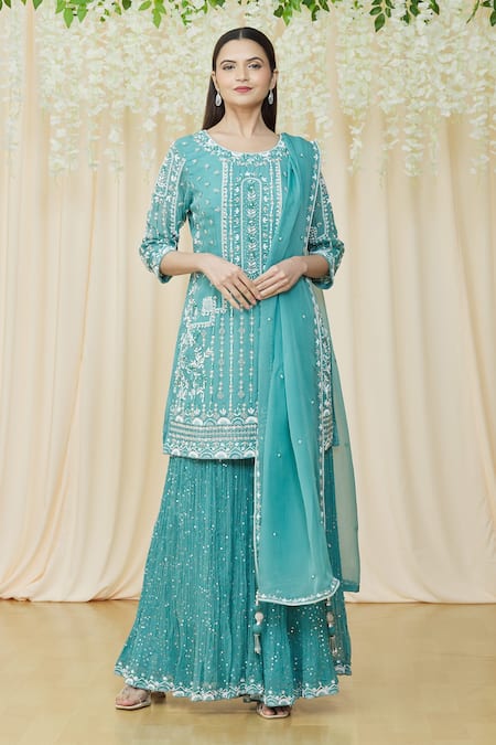 Samyukta Singhania_Green Georgette, Viscose Pearls, Sequins, Crystals Geometric Kurta Sharara Set _at_Aza_Fashions