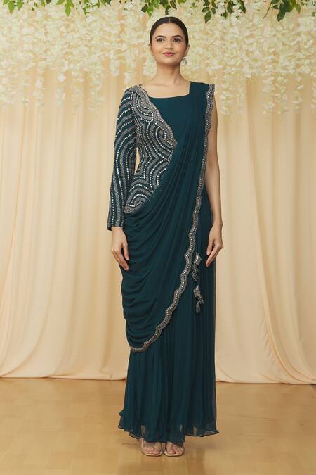 Samyukta Singhania Blue Georgette Sequins, Pearls, Crystals Pre-draped Saree With Asymmetric Choli at Aza Fashions Samyukta Singhania_Blue Georgette Sequins, Pearls, Crystals Pre-draped Saree With Asymmetric Choli _at_Aza_Fashions