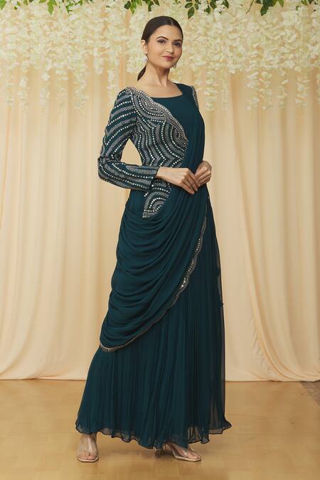 Samyukta Singhania Blue Georgette Sequins, Pearls, Crystals Pre-draped Saree With Asymmetric Choli Online at Aza Fashions Samyukta Singhania_Blue Georgette Sequins, Pearls, Crystals Pre-draped Saree With Asymmetric Choli _Online_at_Aza_Fashions