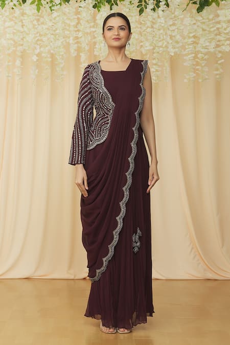 Samyukta Singhania Maroon Georgette Sequins, Pearls, Scalloped Pre-draped Saree With Choli at Aza Fashions Samyukta Singhania_Maroon Georgette Sequins, Pearls, Scalloped Pre-draped Saree With Choli _at_Aza_Fashions