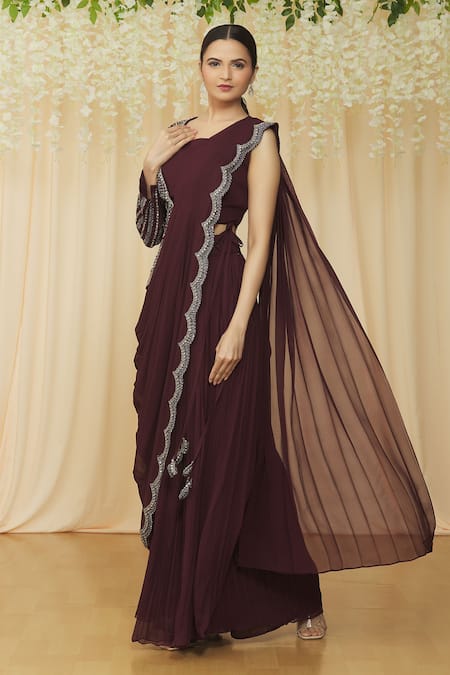 Buy Maroon Saree In Georgette Net With Embellished Net Blouse Online -  Kalki Fashion