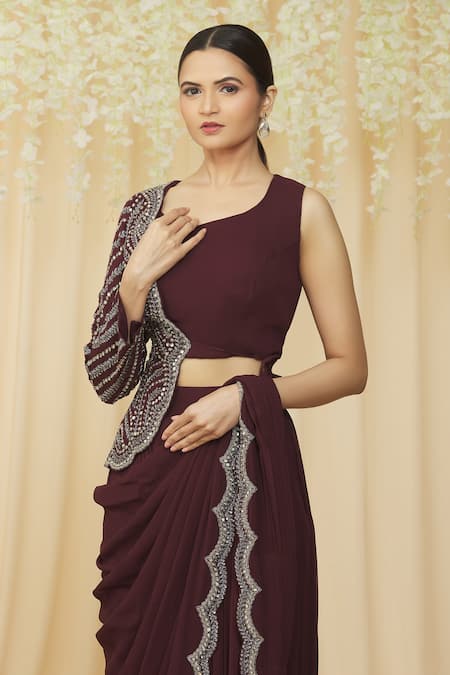 Shop Samyukta Singhania Maroon Georgette Sequins, Pearls, Scalloped Pre-draped Saree With Choli Online at Aza Fashions Shop_Samyukta Singhania_Maroon Georgette Sequins, Pearls, Scalloped Pre-draped Saree With Choli _Online_at_Aza_Fashions