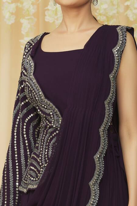 Buy Samyukta Singhania Purple Georgette Embroidery Round Neck Scalloped Saree With Asymmetric Choli Online at Aza Fashions Buy_Samyukta Singhania_Purple Georgette Embroidery Round Neck Scalloped Saree With Asymmetric Choli _Online_at_Aza_Fashions