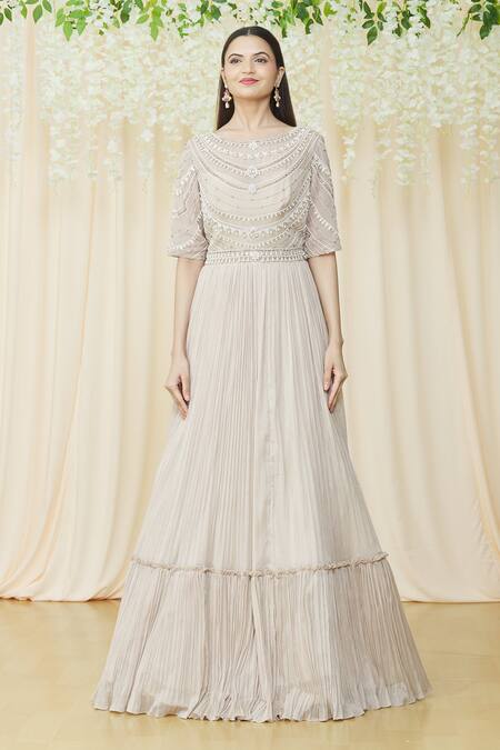 Khwaab By Sanjana Lakhani_Beige Viscose, Organza Pearls, Sequins, Crystals Round Embellished Yoke Gown_Online_at_Aza_Fashions