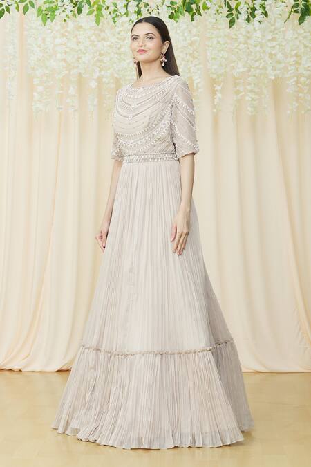 Buy_Khwaab By Sanjana Lakhani_Beige Viscose, Organza Pearls, Sequins, Crystals Round Embellished Yoke Gown_Online_at_Aza_Fashions