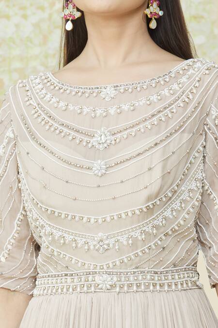 Shop_Khwaab By Sanjana Lakhani_Beige Viscose, Organza Pearls, Sequins, Crystals Round Embellished Yoke Gown_Online_at_Aza_Fashions