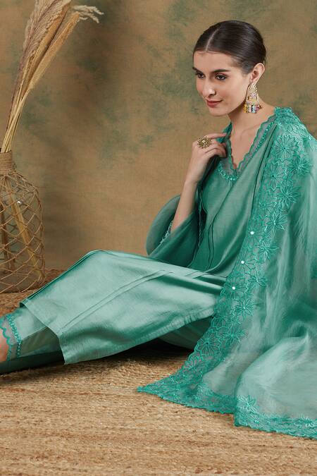Label Nitika_Blue Chanderi, Silk Organza Embroidery, Mirrors Scoop Neck Kurta Pant Set_Online_at_Aza_Fashions