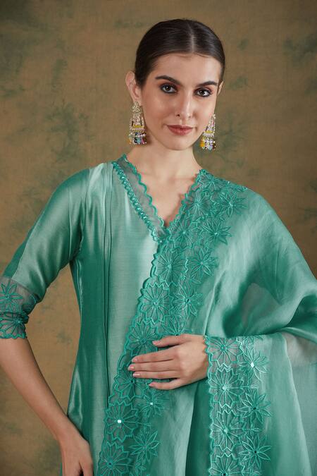 Buy_Label Nitika_Blue Chanderi, Silk Organza Embroidery, Mirrors Scoop Neck Kurta Pant Set_Online_at_Aza_Fashions