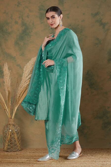 Shop_Label Nitika_Blue Chanderi, Silk Organza Embroidery, Mirrors Scoop Neck Kurta Pant Set_Online_at_Aza_Fashions