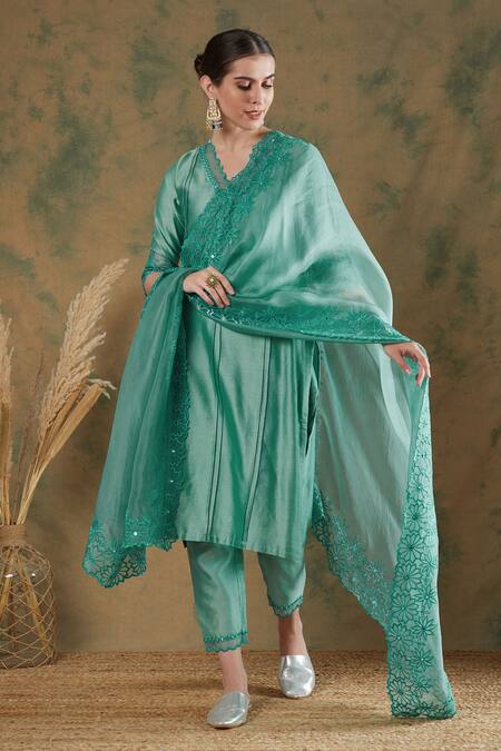 Label Nitika_Blue Chanderi, Silk Organza Embroidery, Mirrors Scoop Neck Kurta Pant Set_at_Aza_Fashions