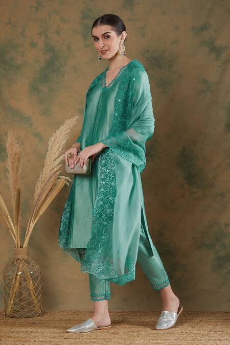 Buy_Label Nitika_Blue Chanderi, Silk Organza Embroidery, Mirrors Scoop Neck Kurta Pant Set
