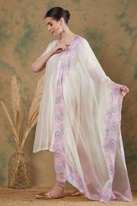 Label Nitika_Ivory Chanderi, Silk Organza Embroidery, Mirrors Scoop Neck Kurta Pant Set_Online_at_Aza_Fashions