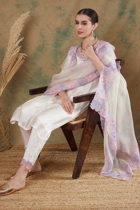 Buy_Label Nitika_Ivory Chanderi, Silk Organza Embroidery, Mirrors Scoop Neck Kurta Pant Set_Online_at_Aza_Fashions