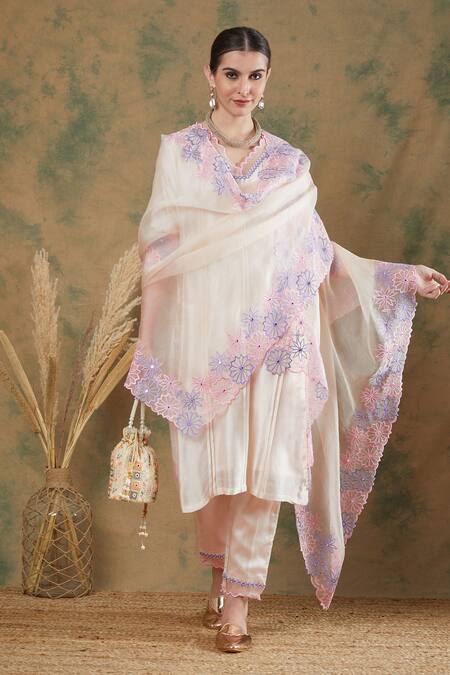 Shop_Label Nitika_Ivory Chanderi, Silk Organza Embroidery, Mirrors Scoop Neck Kurta Pant Set_Online_at_Aza_Fashions