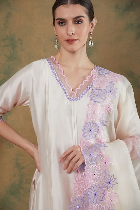 Label Nitika_Ivory Chanderi, Silk Organza Embroidery, Mirrors Scoop Neck Kurta Pant Set_at_Aza_Fashions