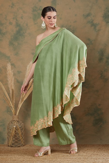 Label Nitika_Green Silk Embroidery Off-shoulder Hem Tunic And Palazzo Set_Online_at_Aza_Fashions