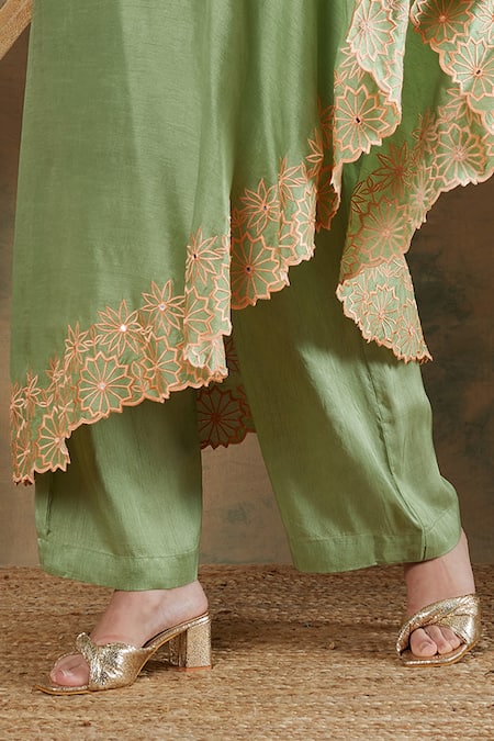 Buy_Label Nitika_Green Silk Embroidery Off-shoulder Hem Tunic And Palazzo Set_Online_at_Aza_Fashions