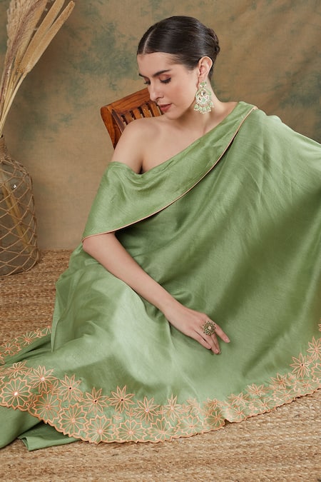 Shop_Label Nitika_Green Silk Embroidery Off-shoulder Hem Tunic And Palazzo Set_Online_at_Aza_Fashions