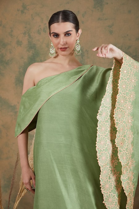 Label Nitika_Green Silk Embroidery Off-shoulder Hem Tunic And Palazzo Set_at_Aza_Fashions