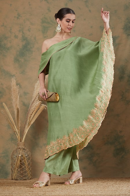 Buy_Label Nitika_Green Silk Embroidery Off-shoulder Hem Tunic And Palazzo Set