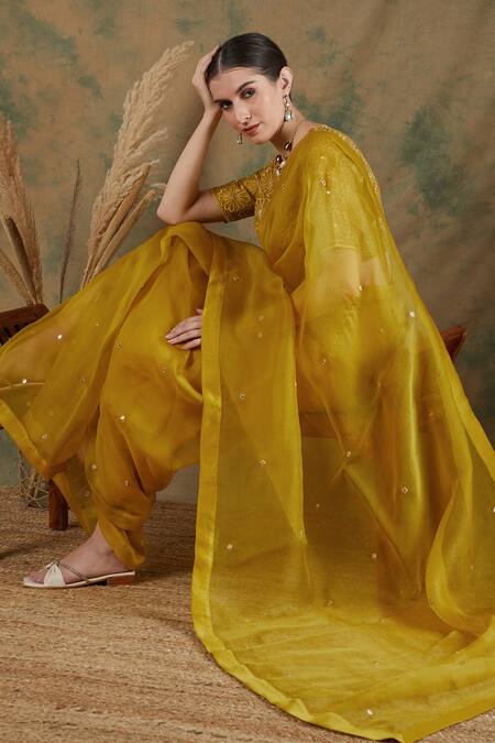 Label Nitika_Gold Silk Organza Mirrors, Embroidery V-neck Saree With Blouse_Online_at_Aza_Fashions