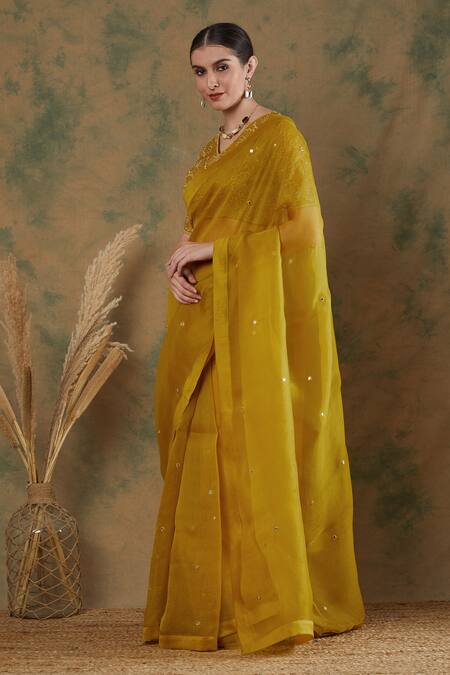 Buy_Label Nitika_Gold Silk Organza Mirrors, Embroidery V-neck Saree With Blouse_Online_at_Aza_Fashions