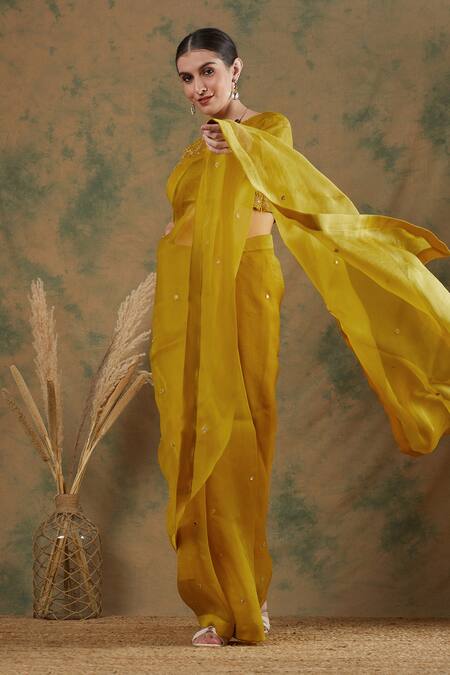 Shop_Label Nitika_Gold Silk Organza Mirrors, Embroidery V-neck Saree With Blouse_Online_at_Aza_Fashions