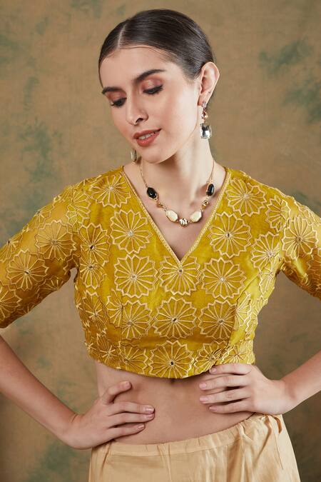 Label Nitika_Gold Silk Organza Mirrors, Embroidery V-neck Saree With Blouse_at_Aza_Fashions