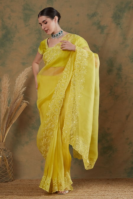 Label Nitika_Green Silk Organza, Chanderi Mirrors, Embroidery Border Saree With Blouse_Online_at_Aza_Fashions