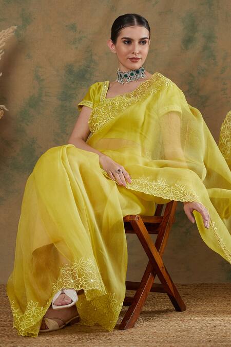 Shop_Label Nitika_Green Silk Organza, Chanderi Mirrors, Embroidery Border Saree With Blouse_Online_at_Aza_Fashions