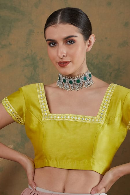 Label Nitika_Green Silk Organza, Chanderi Mirrors, Embroidery Border Saree With Blouse_at_Aza_Fashions