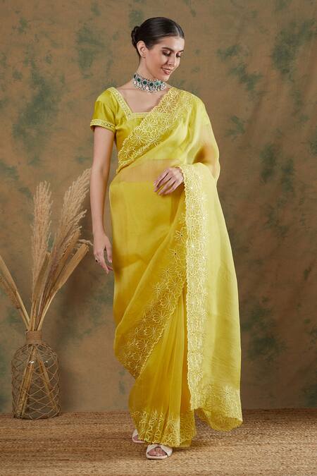 Buy_Label Nitika_Green Silk Organza, Chanderi Mirrors, Embroidery Border Saree With Blouse