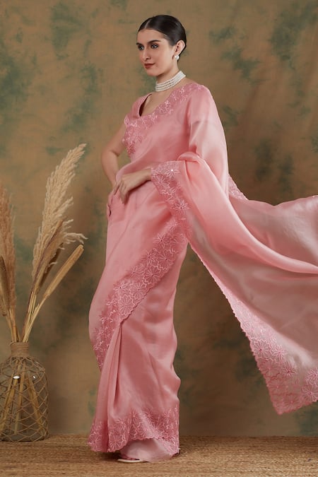Label Nitika_Pink Chanderi, Silk Organza Embroidery Square Border Thread Saree With Blouse_Online_at_Aza_Fashions