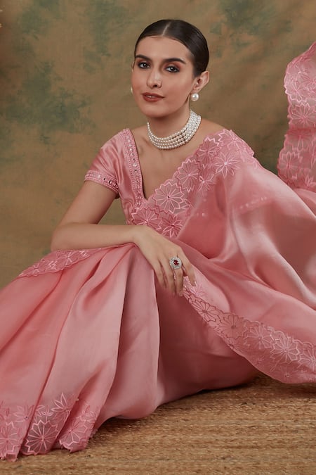 Buy_Label Nitika_Pink Chanderi, Silk Organza Embroidery Square Border Thread Saree With Blouse_Online_at_Aza_Fashions