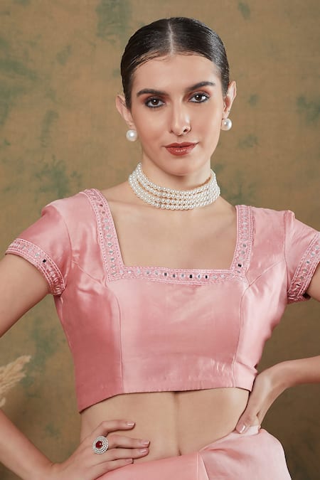 Label Nitika_Pink Chanderi, Silk Organza Embroidery Square Border Thread Saree With Blouse_at_Aza_Fashions