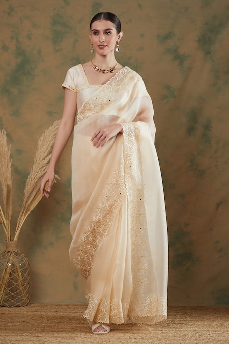 Label Nitika Ivory Saree Silk Organza Embroidered Thread Square Border Work With Blouse 