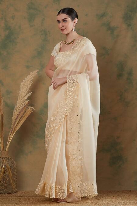 Label Nitika_Ivory Silk Organza, Chanderi Embroidery, Border Thread Work Saree With Blouse_Online_at_Aza_Fashions