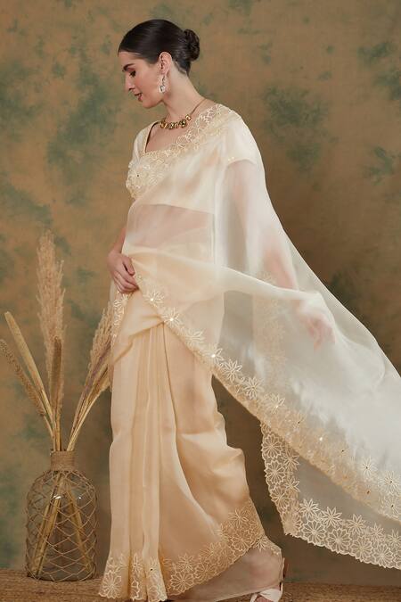 Buy_Label Nitika_Ivory Silk Organza, Chanderi Embroidery, Border Thread Work Saree With Blouse_Online_at_Aza_Fashions