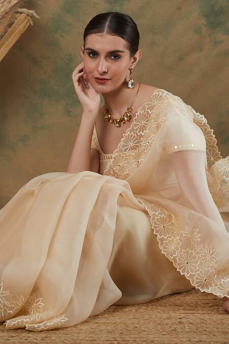 Shop_Label Nitika_Ivory Silk Organza, Chanderi Embroidery, Border Thread Work Saree With Blouse_Online_at_Aza_Fashions