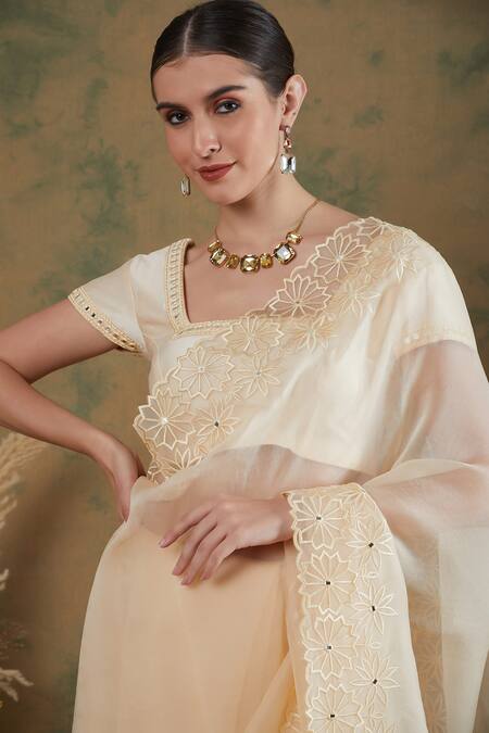 Label Nitika_Ivory Silk Organza, Chanderi Embroidery, Border Thread Work Saree With Blouse_at_Aza_Fashions