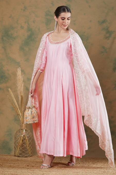 Label Nitika_Pink Chanderi, Silk Organza Embroidery Scoop Neck Anarkali With Dupatta_Online_at_Aza_Fashions
