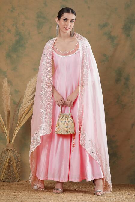 Buy_Label Nitika_Pink Chanderi, Silk Organza Embroidery Scoop Neck Anarkali With Dupatta_Online_at_Aza_Fashions