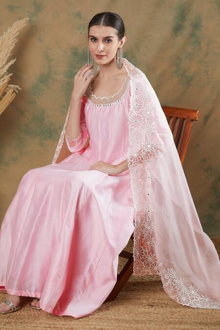 Shop_Label Nitika_Pink Chanderi, Silk Organza Embroidery Scoop Neck Anarkali With Dupatta_Online_at_Aza_Fashions