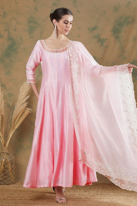 Label Nitika_Pink Chanderi, Silk Organza Embroidery Scoop Neck Anarkali With Dupatta_at_Aza_Fashions