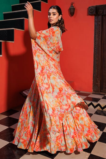 Elena Singh Multi Color Printed Lehenga Set With Cape 