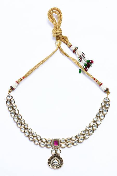 Our Purple Studio_Gold Plated Stones, Diamonds Layered Kundan Necklace Set _Online_at_Aza_Fashions