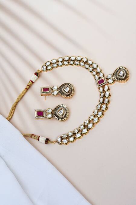 Shop_Our Purple Studio_Gold Plated Stones, Diamonds Layered Kundan Necklace Set _Online_at_Aza_Fashions