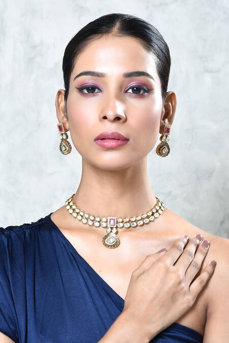 Our Purple Studio_Gold Plated Stones, Diamonds Layered Kundan Necklace Set _at_Aza_Fashions